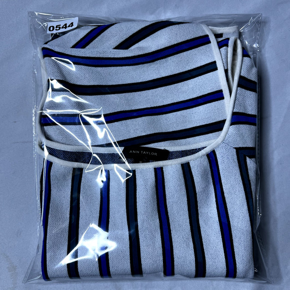 Ann Taylor Womens XL Blouse White Blue Green Stripe Off The Shoulder Boho Casual - Picture 10 of 11